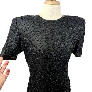 80s Black Silk Beaded Sheath Dress Short Sleeve Round Neck Laurence Kazar Sz 8